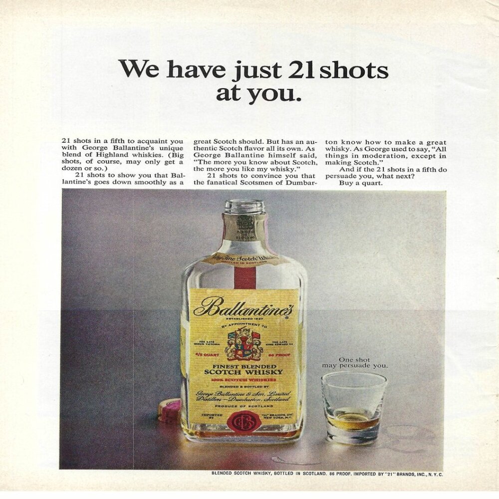 1967 Ballantines Blended Scotch Whiskey 21Shots Vintage Magazine Print Ad/Poster